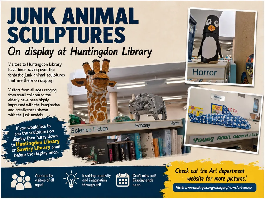 Ssshhh! Public rave over wonderful year 8 animal sculptures on display in Huntingdon Libraries.